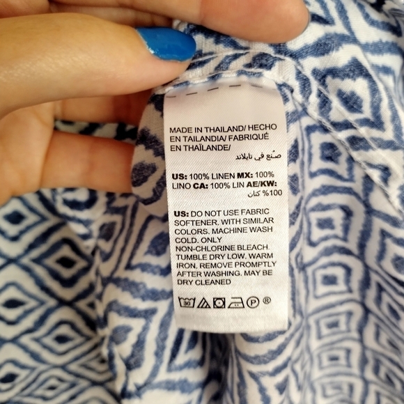 CHICO'S No-Iron Linen Diamond Ikat-Print Roll-Tab Sleeve Shirt sz 16/18 - Picture 7 of 10